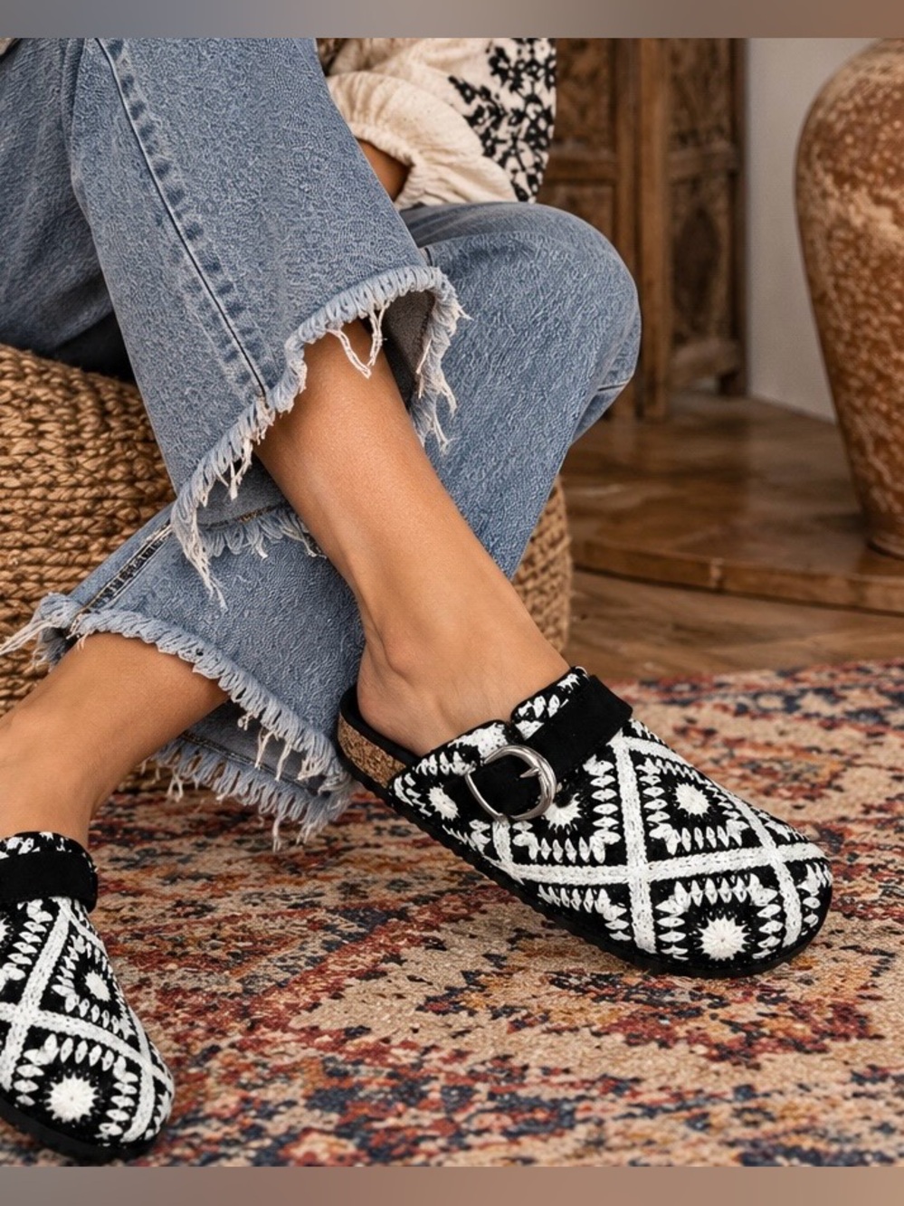 YOKI Tamara Crochet Clogs Women’s Size 10 or 11 Black White Cork Footbed